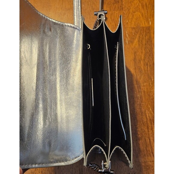 Crossbody Bag Purse Silver Shiny Rhinstone Logo Adjustable Strap Multi Pocket - Picture 10 of 11